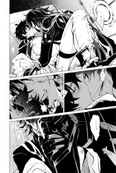 ... 2boys 4koma absurdres ahoge blade_(honkai:_star_rail) blush boy_on_top chinese_clothes closed_eyes clothes_lift comic dan_heng_(honkai:_star_rail) dan_heng_(hunt)_(honkai:_star_rail) earrings greyscale hand_on_another&#039;s_arm hand_on_another&#039;s_shoulder highres honkai:_star_rail honkai_(series) jewelry kiss long_hair long_sleeves male_focus monochrome mori_morii multiple_boys navel nipples pants pectorals shirt_lift short_hair speech_bubble sweatdrop yaoi zipper