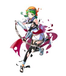 1girl alternate_costume bandana black_pantyhose bow_(weapon) braid breasts cape chest_harness clenched_teeth damaged dress female_focus fire_emblem fire_emblem:_the_blazing_blade fire_emblem_heroes green_eyes green_hair harness highres holding holding_bow_(weapon) holding_weapon matching_hair/eyes medium_breasts nintendo non-web_source official_alternate_costume official_art one_eye_closed pantyhose quiver rebecca_(fire_emblem) rebecca_(resplendent)_(fire_emblem) red_cape single_bare_shoulder solo teeth torn_cape torn_clothes torn_pantyhose twintails waist_cape weapon white_dress wince