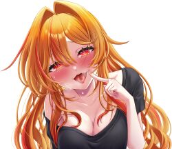 1girl alternate_breast_size alternate_costume black_shirt blush breasts cleavage finger_to_cheek fingernails hair_between_eyes hair_intakes heart heart-shaped_pupils highres kazami_kuku large_breasts long_hair looking_at_viewer multicolored_hair nanashi_inc. off_shoulder open_mouth orange_hair red_hair reona_kfc02 saliva shirt short_sleeves simple_background smile solo streaked_hair symbol-shaped_pupils t-shirt tongue tongue_out transparent_background upper_body virtual_youtuber