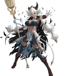1girl animal_ears black_cape boots breasts broken_horn cape cleavage cow_ears cow_girl cow_horns cow_tail fire_emblem fire_emblem_heroes highres holding holding_staff horns long_hair low_twintails medium_breasts meilai_(fire_emblem) nintendo non-web_source official_art solo staff tail torn_cape torn_clothes twintails very_long_hair