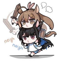 2girls ahoge animal_ears black_hair brown_eyes brown_hair carrying chibi clipe feather_hair gym_uniform hololive hololive_english horns horse_ears horse_tail long_hair minecraft_shield minecraft_sword mole mole_under_eye multiple_girls nanashi_mumei nerissa_ravencroft o3o ponytail red_eyes shield shoulder_carry sword tail virtual_youtuber weapon