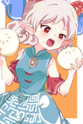 Rule 34 | 1girl, bare shoulders, blue bow, blue dress, border, bow, chinese clothes, crumbs, detached sleeves, dress, earrings, eating, facing viewer, food, food bite, food on face, goat horns, holding, holding food, hoop earrings, horns, jewelry, kimi3735, medium hair, open mouth, pointy ears, red eyes, red horns, sharp teeth, simple background, sleeveless, sleeveless dress, solo, steamed bun, teeth, touhou, toutetsu yuuma, upper body, white border