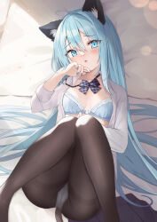 1girl :o animal_ear_fluff animal_ears bed_sheet black_skirt blue_bra blue_eyes blue_hair blue_nails blush bow bra breasts brown_pantyhose cat_ears cat_girl cat_tail collared_shirt commentary_request dress_shirt fang feet_out_of_frame front-hook_bra grey_bow hair_between_eyes hand_up knees_together_feet_apart knees_up long_sleeves looking_at_viewer lying medium_breasts nail_polish on_back open_bra open_clothes open_shirt original panties panties_under_pantyhose pantyhose parted_lips plaid_bow pleated_skirt saeki_sora shirt skirt solo tail thighband_pantyhose underwear unworn_skirt white_panties white_shirt