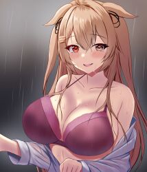1girl animal_ears bikini blush breasts brown_eyes brown_hair cleavage collarbone commentary_request grey_background heterochromia highres kantai_collection large_breasts looking_at_viewer montemasa murasame_(kancolle) open_mouth purple_bikini rain red_eyes shirt sidelocks smile solo swimsuit upper_body white_shirt