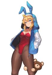 1girl absurdres adapted_costume animal_ears black_bow black_bowtie blonde_hair blue_eyes blue_hood blue_jacket bow bowtie breasts bridget_(guilty_gear) brown_pantyhose cowboy_shot detached_collar genderswap genderswap_(mtf) guilty_gear hands_in_pockets highres hood hooded_jacket hoodie izublah jacket leotard medium_breasts pantyhose playboy_bunny rabbit_ears red_leotard short_hair simple_background solo standing strapless strapless_leotard stuffed_animal stuffed_toy teddy_bear white_background