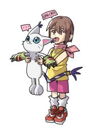 ... 2girls animal blue_eyes body_fur brown_eyes brown_hair cat digibibim digimon digimon_(creature) digimon_adventure full_body holding holding_animal holding_cat longcat_(meme) meme multiple_girls pink_shorts shirt short_hair shorts simple_background sleeveless sleeveless_shirt speech_bubble tail tail_ornament tail_ring tailmon whiskers white_background white_fur yagami_hikari yellow_shirt
