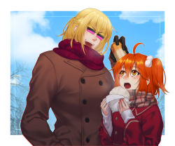 1boy 1girl ahoge alternate_costume steamed_bun blonde_hair blush brown_scarf drink fate/grand_order fate_(series) food fujimaru_ritsuka_(female) fujimaru_ritsuka_(female)_(new_year&#039;s_greetings) holding holding_drink holding_food male_focus official_alternate_costume orange_eyes orange_hair peacoat red_scarf sakata_kintoki_(fate) scarf scrunchie smile sunglasses upper_body white_scrunchie winter_clothes zanshi