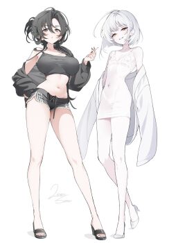 2girls :o ahoge artist_name bare_shoulders between_fingers black_camisole black_eyes black_hair black_jacket black_shorts breasts camisole cigarette covered_navel dated dolphin_shorts dress feet flat_chest full_body grey_hair grin hair_between_eyes hand_on_own_hip high_heels highres holding holding_cigarette huge_ahoge jacket jacket_partially_removed large_breasts long_sleeves looking_at_viewer micro_shorts multiple_girls nail_polish navel off_shoulder open_clothes open_jacket original parted_lips puffy_long_sleeves puffy_sleeves pumps red_nails sandals shoes short_dress short_hair shorts signature simple_background sirin_(sirin_8_8) sleeveless sleeveless_dress sleeves_past_wrists smile smoking standing strap_slip tight_clothes tight_dress toenail_polish toenails toes very_long_fingernails white_background white_dress white_jacket white_shoes yellow_eyes