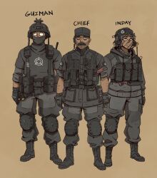 Rule 34 | 1girl, 2boys, ammunition pouch, assault rifle, black gloves, brown background, character name, gloves, gun, hat legs, helmet, highres, holster, knee pads, load bearing vest, magazine (weapon), military uniform, multiple boys, original, pants, pouch, radio, rifle, scp foundation, sleeves rolled up, weapon