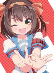 1girl ;d absurdres armband beenyan_1203 blue_sailor_collar brown_eyes brown_hair h_(letter) hair_between_eyes hair_ribbon hairband highres kita_high_school_uniform looking_at_viewer ok_sign one_eye_closed open_mouth orange_hairband orange_ribbon puffy_short_sleeves puffy_sleeves red_armband red_background red_ribbon ribbon safety_pin sailor_collar sailor_shirt school_uniform shirt short_sleeves simple_background smile solo summer_uniform suzumiya_haruhi suzumiya_haruhi_no_yuuutsu upper_body v v-shaped_eyebrows white_shirt