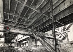 Rule 34 | balcony, bridge, building, car, chain-link fence, concrete, fence, fern, graphite (medium), grass, greyscale, highres, ibsukionsen, lamppost, monochrome, motor vehicle, original, plant, scenery, stairs, steel beam, tall grass, traditional media, traffic light, truss, utility pole