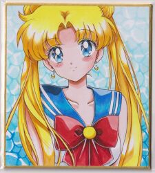 Rule 34 | 1girl, bishoujo senshi sailor moon, blonde hair, blue eyes, blue sailor collar, bow, choker, commentary, double bun, earrings, hair bun, hair ornament, highres, jewelry, long hair, red bow, red choker, sailor collar, sailor moon, sailor senshi uniform, smile, solo, traditional media, tsukino usagi, twintails, user kztc4472