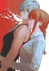 Rule 34 | 2girls, artist name, black eyes, braid, braided ponytail, chainsaw man, collared shirt, commentary, eyepatch, from behind, highres, holding another&#039;s arm, keibleh, long hair, looking at another, looking to the side, makima (chainsaw man), multiple girls, necktie, quanxi (chainsaw man), red hair, red necktie, redrawn, shirt, sidelocks, symbol-only commentary, two-tone background, white hair, white shirt, yellow eyes, yuri