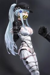 1boy 1girl a_tea aqua_hair arms_behind_back bdsm bondage bound bound_arms bound_legs breasts cape cleavage crotch_rope frilled_thighhighs frills gag gagged girls&#039;_frontline girls&#039;_frontline_2:_exilium gloves green_eyes highres hk416_(girls&#039;_frontline) improvised_gag klukai_(girls&#039;_frontline_2) klukai_(speed_star)_(girls&#039;_frontline_2) large_breasts long_hair looking_at_another ponytail robot_girl shibari shibari_over_clothes sidelocks skindentation tape tape_gag thighhighs very_long_hair white_gloves white_thighhighs