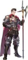 Rule 34 | 1boy, absurdres, aiguillette, armor, belt, black boots, black hair, boots, brown belt, cape, crew cut, dagger, gauntlets, halberd, highres, holding, holding polearm, holding weapon, knee guards, knife, non-web source, official art, pauldrons, polearm, red cape, red eyes, scabbard, serious, sheath, short hair, shoulder armor, solo, sword of convallaria, very short hair, weapon, xavier (sword of convallaria)