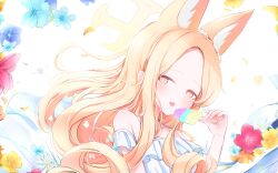 1girl absurdres animal_ear_fluff animal_ears bare_shoulders blue_archive blue_flower dress extra_ears flower food forehead fox_ears fox_girl highres holding holding_food holding_popsicle long_hair off-shoulder_dress off_shoulder official_alternate_costume open_mouth pink_eyes popsicle red_flower sakurano_rocco seia_(blue_archive) sidelocks solo upper_body white_dress yellow_flower