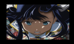 1girl anime_coloring armor artist_request black_border black_shirt blue_dress blue_eyes blue_hair border breastplate clenched_teeth close-up cowboy_shot determined dot_nose dress floating_hair furrowed_brow game_cg gold_thighlet leaning_forward light_blush long_hair long_sleeves looking_at_viewer magia_record:_mahou_shoujo_madoka_magica_gaiden magical_girl mahou_shoujo_madoka_magica nanami_yachiyo official_art pauldrons shirt shoulder_armor sleeveless sleeveless_dress solo straight-on teeth tent witch&#039;s_labyrinth