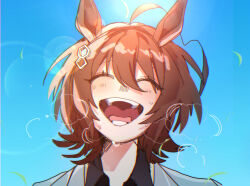 1girl ^_^ agnes_tachyon_(umamusume) ahoge animal_ears black_shirt blush breath brown_hair closed_eyes collared_shirt earrings facing_viewer highres horse_ears horse_girl jewelry lens_flare open_mouth outdoors portrait shirt short_hair single_earring sky smile solo sun sweat uma2_0429 umamusume