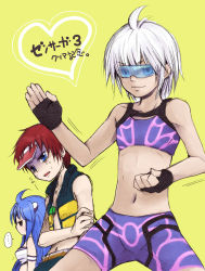 00s 1girl 2boys chaos child jr. kos-mos multiple_boys navel simple_background text_focus translation_request xenosaga yellow_background yomorin