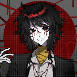 1boy bandaged_neck bandages black_eyes black_hair black_jacket chinese_commentary collared_shirt colored_skin commentary_request facepaint grin hand_up highres huaiqing jacket looking_at_viewer male_focus medium_hair open_clothes open_jacket portrait red_pupils shirt smile solo touqi_guaitan variant_set white_shirt white_skin ziche_fuzhao