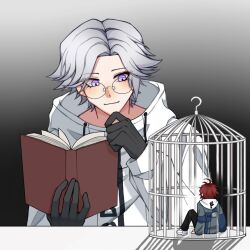 2boys ahoge aotsuki_eito birdcage black_gloves black_pants book cage drawstring glasses gloves grey_hair grey_jacket hands_up holding holding_book hood hooded_jacket jacket looking_at_another male_focus multiple_boys pants purple_eyes red_hair shadow shoes short_hair sitting smile sumino_takumi table the_hundred_line_-last_defense_academy- white_jacket white_shoes yshng229523