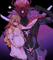 2boys bare_shoulders big_belly black_choker black_gloves blonde_hair choker dress genshin_impact gloves head_wreath highres long_hair long_sleeves looking_at_viewer male_focus male_pregnancy multiple_boys orange_hair red_mask redbeanegg short_hair tartaglia_(foul_legacy_transformation)_(genshin_impact) tartaglia_(genshin_impact) trap v what white_dress yaoi yellow_eyes