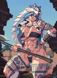abs absurdres animal_hood axe barbarian bikini blue_hair body_markings breasts closed_mouth fur_trim hand_on_own_hip highres holding holding_axe holding_weapon hood long_hair muscular muscular_female ogami original pelt red_eyes shaman string_bikini swimsuit weapon wolf_hat wolf_headdress wolf_hood wrist_guards