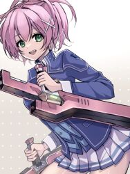 1girl double-parted_bangs eiyuu_densetsu green_eyes hair_bun holding holding_weapon jacket juna_crawford looking_at_viewer natsusechoco necktie open_mouth pink_hair school_uniform sen_no_kiseki sen_no_kiseki_(series) sen_no_kiseki_i sen_no_kiseki_iii short_hair simple_background skirt solo thors_military_academy_branch_campus_uniform tonfa weapon white_background