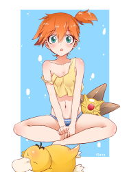 1girl 4_7_(q1668423773) absurdres asymmetrical_hair bare_arms bare_shoulders blush breasts cowboy_shot creatures_(company) game_freak gen_1_pokemon gym_leader highres looking_at_viewer misty_(pokemon) navel nintendo orange_hair panties pants pokemon pokemon_(anime) pokemon_(classic_anime) pokemon_(creature) ponytail psyduck shirt short_hair side_ponytail solo staryu underwear