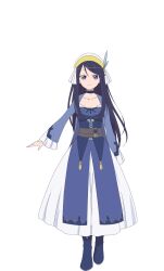 Rule 34 | 1girl, anime coloring, belt, blue boots, blue dress, blue eyes, blue hair, boots, breasts, busamen gachi fighter, cleavage, closed mouth, collar, collarbone, dress, full body, hair between eyes, hat, highres, long hair, long sleeves, looking at viewer, matsumoto miki, o-ring, seika (busamen gachi fighter), simple background, smile, solo, standing, tachi-e, transparent background, tsurime, very long hair