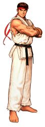 1boy absurdres black_hair capcom_vs_snk_2 crossed_arms dougi facing_to_the_side frown game_cg headband highres karate_gi looking_to_the_side male_focus martial_arts_belt mori_toshiaki muscular muscular_male non-web_source official_art red_headband ryu_(street_fighter) scowl short_hair sleeveless solo street_fighter third-party_source torn_clothes torn_sleeves v-shaped_eyebrows white_background