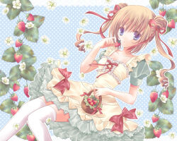 1girl apron basket blue_background blue_eyes bow breasts brown_hair cleavage closed_mouth collarbone commentary_request double_bun dress dress_bow feet_out_of_frame flower food fruit green_dress hair_bun hair_ribbon holding holding_basket holding_food holding_fruit long_hair medium_breasts min-mu original polka_dot polka_dot_background puffy_short_sleeves puffy_sleeves red_bow red_ribbon ribbon short_sleeves solo strawberry thighhighs twintails white_flower white_thighhighs yellow_apron