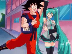 Rule 34 | 1990s (style), 1girl, aqua eyes, aqua hair, brenni murasaki, crossover, detached sleeves, dragon ball, dragon ball (classic), fortnite, hatsune miku, highres, long hair, looking at viewer, necktie, procreate (medium), retro artstyle, skirt, smile, thighhighs, twintails, very long hair, vocaloid