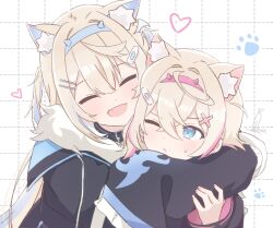 2girls :/ animal_ear_fluff animal_ears bandaid bandaid_hair_ornament belt belt_collar black_belt black_jacket blonde_hair blue_hair blue_hairband closed_eyes closed_mouth collar commentary daikon_keroi dog_ears dot_nose fake_horns fang fur-trimmed_jacket fur_trim fuwawa_abyssgard fuwawa_abyssgard_(1st_costume) hair_ornament hairband hairclip heart highres hololive hololive_english horns hug jacket long_hair looking_at_another mococo_abyssgard mococo_abyssgard_(1st_costume) multicolored_hair multiple_girls one_eye_closed open_mouth parallel_hairclips paw_print pink_hair pink_hairband short_hair siblings sidelocks signature sisters skin_fang small_sweatdrop smile streaked_hair symbol-only_commentary twins virtual_youtuber white_background x_hair_ornament