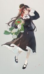 1girl :o absurdres arm_up belt belt_buckle black_bow black_dress black_hair black_hat black_shoes bow buckle commentary dress frilled_dress frilled_shirt_collar frills full_body grey_background hair_ornament hat highres holding holding_stuffed_toy long_hair long_sleeves looking_at_viewer lucia_(pgr) lxc mary_janes open_mouth punishing:_gray_raven red_eyes red_hair revision shoes simple_background socks stuffed_animal stuffed_frog stuffed_toy tilted_headwear very_long_hair white_socks x_hair_ornament