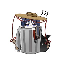 1boy black_hair black_sleeves blunt_ends brown_hat eyeliner eyeshadow fish_skeleton frown genshin_impact gold_trim hat highres ichimegasa in-franchise_crossover in_container in_trash_can kuronushi_(genshin_impact) looking_at_viewer makeup male_focus purple_eyes red_eyeliner red_eyeshadow red_sleeves ribbon-trimmed_sleeves ribbon_trim scaramouche_(genshin_impact) solo tassel touxin_0316 trash_bag trash_can two-sided_sleeves wide_sleeves