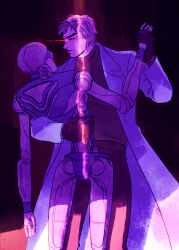 1boy black_gloves coat commentary english_commentary gaulem_(kyokugen_dasshutsu) gloves grey_hair highres kyokugen_dasshutsu kyokugen_dasshutsu_adv:_zennin_shibou_desu lab_coat long_sleeves male_focus mature_male open_clothes open_coat pants rasstegai robot shirt short_hair sigma_(kyokugen_dasshutsu) spoilers