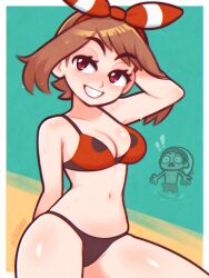 1boy 1girl beach bikini bow bow_hairband breasts brendan_(pokemon) brown_hair bulge chibi cleavage erection erection_under_clothes fang hair_bow hairband hat highres looking_at_viewer male_swimwear may_(pokemon) navel nintendo pokemon pokemon_oras red_bow red_eyes red_hairband short_hair smile swim_trunks swimsuit teeth tsuvida twitter_username wet white_hat