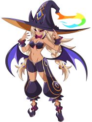 1girl absurdres abysswatchers bikini bikini_top_only black_bikini black_hat black_sclera black_shoes black_shorts blonde_hair bow bowtie braid breasts cleavage colored_sclera commission dark_skin demon_girl demon_wings disgaea disgaea_rpg earrings gem hair_ornament hat highres jewelry long_hair looking_at_viewer low_wings medium_breasts navel pink_bow pink_bowtie pink_eyes pointed_footwear pointy_ears purple_gemstone ring rozalin shoes shorts standing swimsuit twin_braids white_background wings witch witch_hat wrist_cuffs