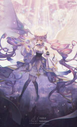 1girl absurdres angel_wings black_corset black_thighhighs braid breasts closed_mouth corset demon_wings double_bun dress duel_monster full_body hair_bun highres long_hair long_sleeves medium_breasts purple_eyes purple_hair selettrice_vaalmonica smile solo thighhighs tubering twin_braids twintails twitter_username varar_vaalmonican_concord very_long_hair white_dress wings yu-gi-oh!
