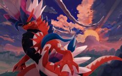 Rule 34 | artist request, blue sky, closed mouth, cloud, colored sclera, day, koraidon, nintendo, no humans, orange eyes, outdoors, pokemon, pokemon (creature), pokemon focus, pokemon tcg, second-party source, sky, solo, sun, yellow sclera