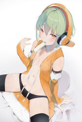 1girl absurdres ahoge bare_shoulders black_panties black_thighhighs blush breasts brown_eyes center_opening chunithm collarbone commentary detached_collar detached_sleeves food food_in_mouth green_hair groin hair_between_eyes headphones highres kisaragi_yaya looking_at_viewer mouth_hold navel no_bra open_clothes open_shirt orange_headphones orange_shirt orange_sleeves panties popsicle popsicle_in_mouth shirt short_hair signature simple_background sitting sky_feather_(chunithm) sleeveless small_breasts solo spread_legs stomach sweat thighhighs thighs underwear white_background