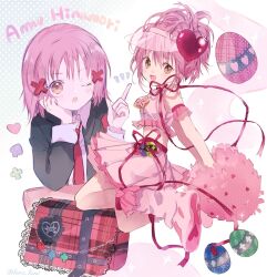2girls amulet_heart armband bag bag_charm bare_shoulders black_jacket blazer boots breast_pocket brooch chain charm_(object) cheerleader club_(shape) collared_shirt commentary_request cropped_torso desk detached_sleeves dot_nose dual_persona easter_egg egg elbow_on_table eyelashes frilled_footwear frilled_shirt_collar frilled_sleeves frills full_body hair_down hair_ornament hand_on_own_cheek hand_on_own_face hano_luno happy hat heart heart_brooch heart_hair_ornament heart_print high_ponytail highres hinamori_amu holding holding_pom_poms humpty_lock_(shugo_chara!) jacket jewelry light_blush long_sleeves magical_girl medium_hair midriff miniskirt multiple_girls neck_ribbon necktie notice_lines one_eye_closed open_clothes open_jacket open_mouth pink_boots pink_hair pink_shirt pink_skirt pink_sleeves plaid_bag pleated_skirt pocket pom_pom_(cheerleading) pom_poms ponytail red_armband red_bag red_necktie red_ribbon ribbon school_bag school_desk school_uniform see-through_clothes see-through_headwear seiyo_academy_school_uniform shirt short_hair short_sleeves shugo_chara! skirt sleeveless sleeveless_shirt smile spade_(shape) sparkle updo visor_cap waist_ribbon white_background white_hat white_shirt white_sleeve_cuffs x_hair_ornament yellow_eyes