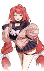 1girl black_sailor_collar black_serafuku black_skirt bow brown_cardigan cardigan green_eyes hair_bow highres long_hair looking_at_viewer lunaliene_ray open_mouth pleated_skirt red_hair sailor_collar school_uniform serafuku simple_background skirt solo thigh_strap twintails ukinami_yuzuha very_long_hair white_background white_bow zenless_zone_zero