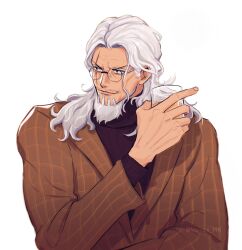 1boy black_sweater brown_jacket cheekbones cup facial_hair glasses goatee highres holding holding_cup jacket long_hair male_focus mustache_stubble one_piece round_eyewear scar scar_across_eye scar_on_face silvers_rayleigh simple_background solo stubble sweater twitter_username upper_body vamos_mk wavy_hair whiskers white_background white_hair