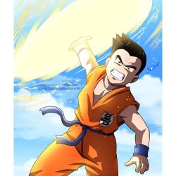 1boy angry black_eyes black_hair cloud cloudy_sky dragon_ball dragon_ball_super flying kienzan kuririn looking_at_viewer muscular muscular_male serious sky solo