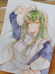 1girl alternate_costume antenna_hair apron arknights arm_up blue_dress breasts dated dress enmaided gavial_(arknights) green_hair grin hair_ornament hand_on_own_hip highres juliet_sleeves long_hair long_sleeves maid maid_apron medium_breasts moozsilent one_eye_closed painting_(medium) photo_(medium) pointy_ears puffy_sleeves sidelocks smile solo traditional_media v watercolor_(medium) yellow_eyes