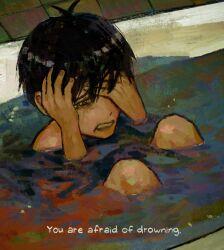 1boy antenna_hair bathtub black_eyes black_hair bright_pupils clenched_teeth commentary covering_one_eye english_text fingernails hand_on_own_head highres in_bathtub indoors knees_up looking_at_viewer male_focus messy_hair nude omori painterly raised_inner_eyebrows sapgoon scene_reference short_hair sitting solo sunny_(omori) symbol-only_commentary teeth tile_wall tiles very_short_hair water white_pupils
