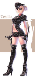 1girl alternate_hairstyle baton_(weapon) black_boots black_hat black_shirt black_shorts black_thighhighs blonde_hair blue_eyes boots breasts cecilia_(pangya) character_name collarbone cuffs dual_wielding eyepatch female_focus full_body groin handcuffs hat high_heel_boots high_heels highres holding kamdia large_breasts leather leather_boots leather_shirt leather_shorts navel pangya ponytail shirt short_hair short_ponytail short_shorts short_sleeves shorts silhouette solo standing thigh_boots thighhighs turtleneck weapon