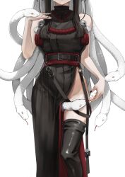 1girl absurdres azami_(blue_archive) bare_shoulders belt black_belt black_nails black_thighhighs blue_archive breasts close-up hand_on_own_chest head_out_of_frame highres holong5020 japanese_clothes large_breasts long_hair lower_body nail_polish side_slit snake snake_hair thighhighs white_hair white_snake